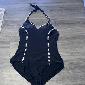 Black and white half stripped one piece